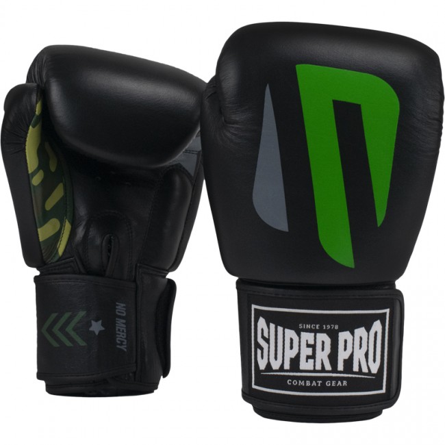 Super Pro Combat Gear (Kick) Γάντια Πυγμαχίας Δερμάτινα No Mercy Μαύρο / Πράσινο / Ασημί